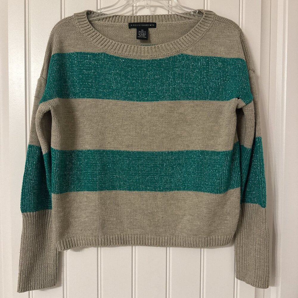 Green and Brown Striped Boatneck Sweater w/ Silver Metallic Detailing